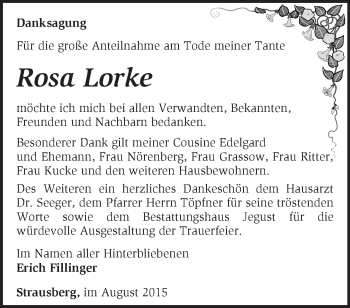 Traueranzeige von Rosa Lorke von Märkische Oderzeitung