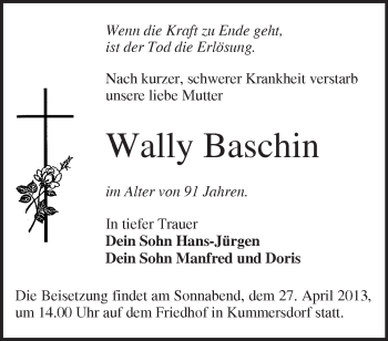 Traueranzeige von Wally Baschin von Märkische Oderzeitung