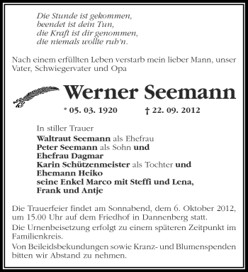 Traueranzeige von Werner Seemann von Märkische Oderzeitung