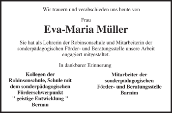 Traueranzeige von Eva-Maria Müller von Märkische Oderzeitung