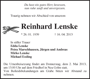 Traueranzeige von Reinhard Lenske von Märkische Oderzeitung