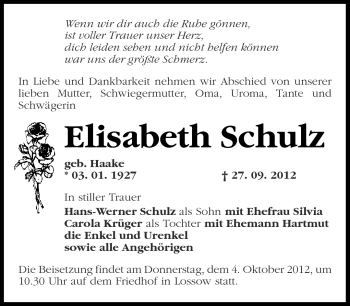 Traueranzeige von Elisabeth Schulz von Märkische Oderzeitung