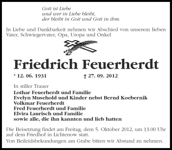 Traueranzeige von Friedrich Feuerherdt von Märkische Oderzeitung