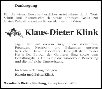 Traueranzeige von Klaus-Dieter Klink von Märkische Oderzeitung