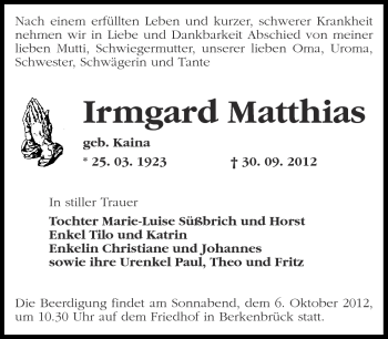 Traueranzeige von Irmgard Matthias von Märkische Oderzeitung