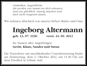 Traueranzeige von Ingeborg Altermann von Märkische Oderzeitung