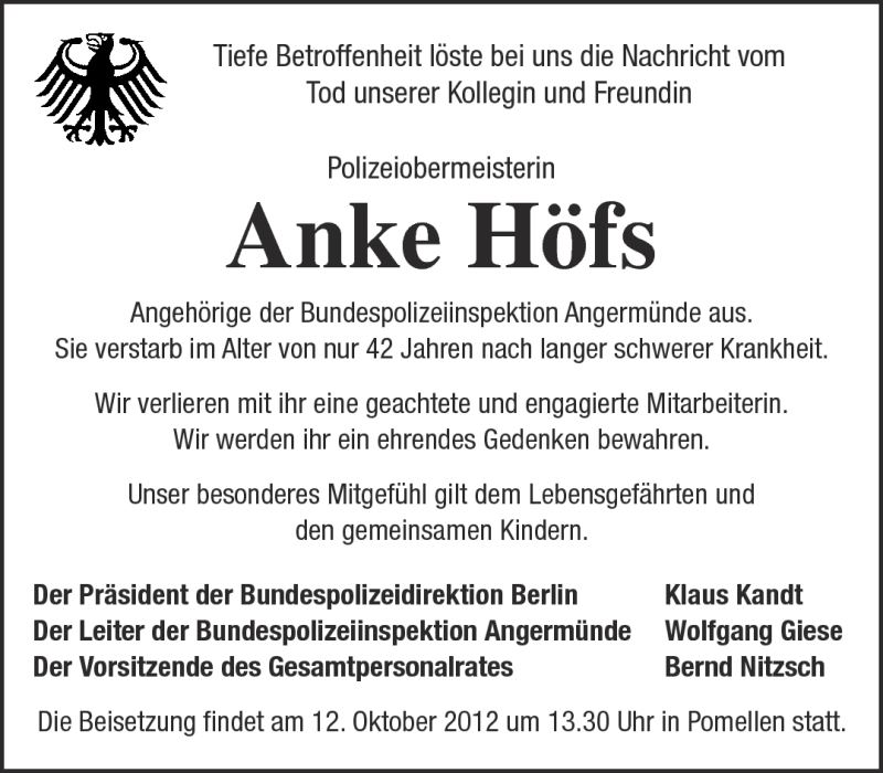  Traueranzeige für Anke Höfs vom 06.10.2012 aus Märkische Oderzeitung