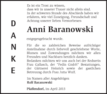 Traueranzeige von Anni Baranowski von Märkische Oderzeitung