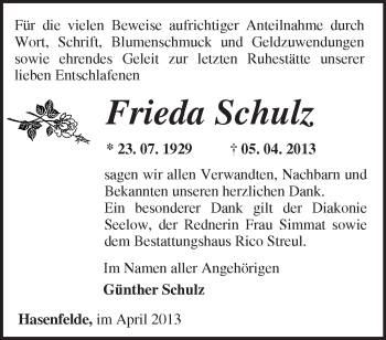 Traueranzeige von Frieda Schulz von Märkische Oderzeitung