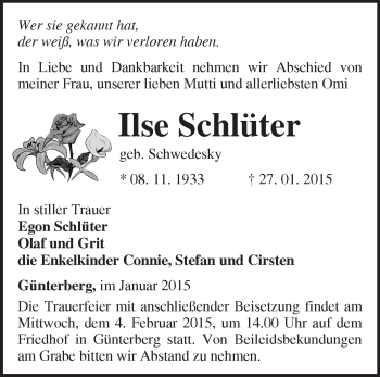 Traueranzeige von Ilse Schlüter von Märkische Oderzeitung