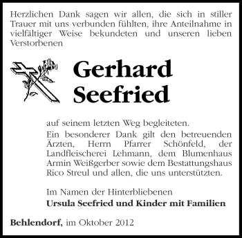 Traueranzeige von Gerhard Seefried von Märkische Oderzeitung