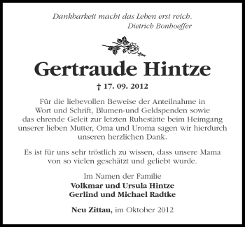 Traueranzeige von Gertraude Hintze von Märkische Oderzeitung