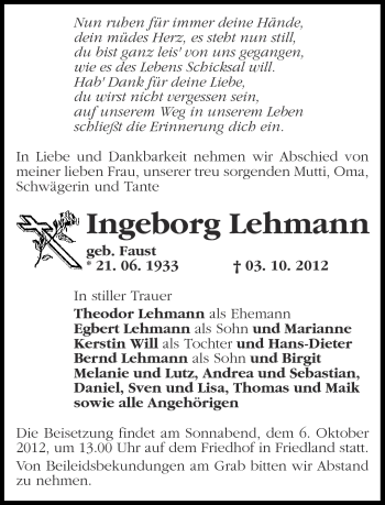 Traueranzeige von Ingeborg Lehmann von Märkische Oderzeitung