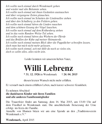 Traueranzeige von Willi Lebrenz von Märkische Oderzeitung