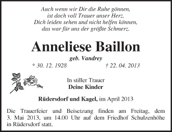 Traueranzeige von Anneliese Baillon von Märkische Oderzeitung