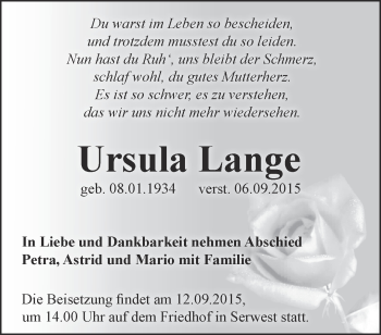 Traueranzeige von Ursula Lange von Märkische Oderzeitung