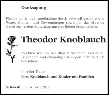 Traueranzeige von Theodor Knoblauch von Märkische Oderzeitung