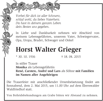 Traueranzeige von Horst Walter Grieger von Märkische Oderzeitung