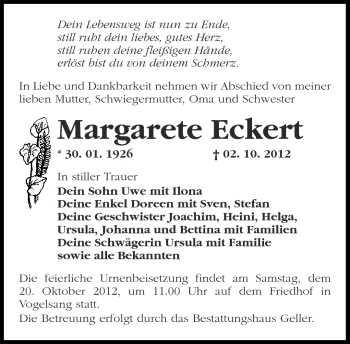 Traueranzeige von Magarete Eckert von Märkische Oderzeitung