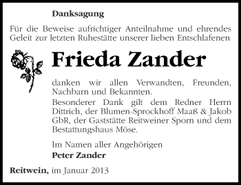 Traueranzeige von Frieda Zander von Märkische Oderzeitung