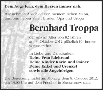 Traueranzeige von Bernhard Troppa von Märkische Oderzeitung