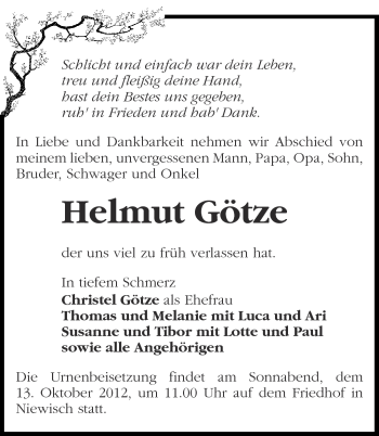 Traueranzeige von Helmut Götze von Märkische Oderzeitung