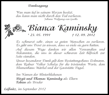 Traueranzeige von Bianca Kaminsky von Märkische Oderzeitung