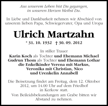 Traueranzeige von Ulrich Martzahn von Märkische Oderzeitung