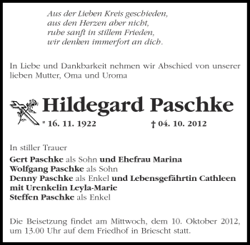 Traueranzeige von Hildegard Paschke von Märkische Oderzeitung