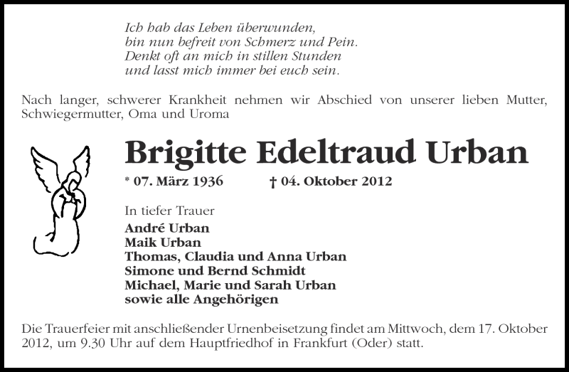  Traueranzeige für Brigitte Edeltraud Urban vom 13.10.2012 aus Märkische Oderzeitung