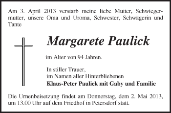 Traueranzeige von Margarete Paulick von Märkische Oderzeitung