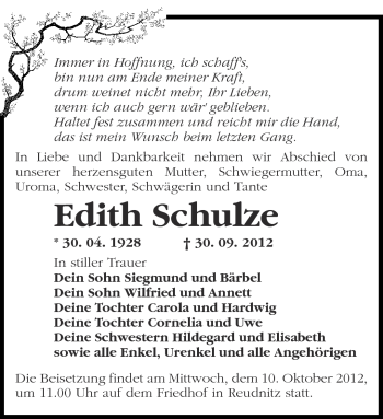 Traueranzeige von Edith Schulze von Märkische Oderzeitung