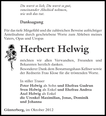 Traueranzeige von Herbert Helwig von Märkische Oderzeitung