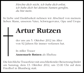 Traueranzeige von Artur Rutzen von Märkische Oderzeitung