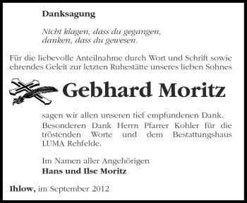 Traueranzeige von Gebhard Moritz von Märkische Oderzeitung