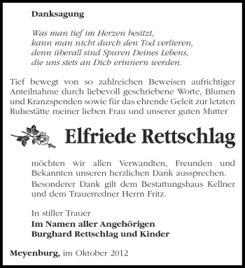 Traueranzeige von Elfriede Rettschlag von Märkische Oderzeitung