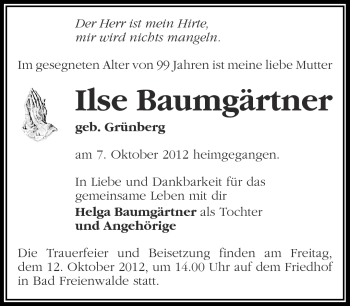 Traueranzeige von Ilse Baumgärtner von Märkische Oderzeitung