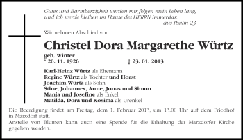 Traueranzeige von Christel Dora Margarethe Würtz von Märkische Oderzeitung