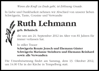 Traueranzeige von Ruth Lehmann von Märkische Oderzeitung