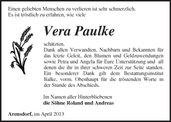 Traueranzeige von Vera Paulke von Märkische Oderzeitung