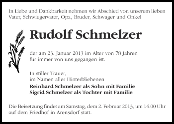 Traueranzeige von Rudolf Schmelzer von Märkische Oderzeitung