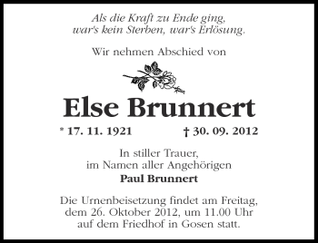 Traueranzeige von Else Brunnert von Märkische Oderzeitung