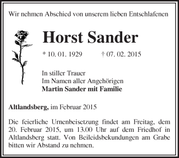 Traueranzeige von Horst Sander von Märkische Oderzeitung