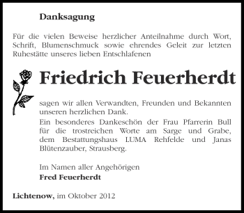 Traueranzeige von Friedrich Feuerherdt von Märkische Oderzeitung