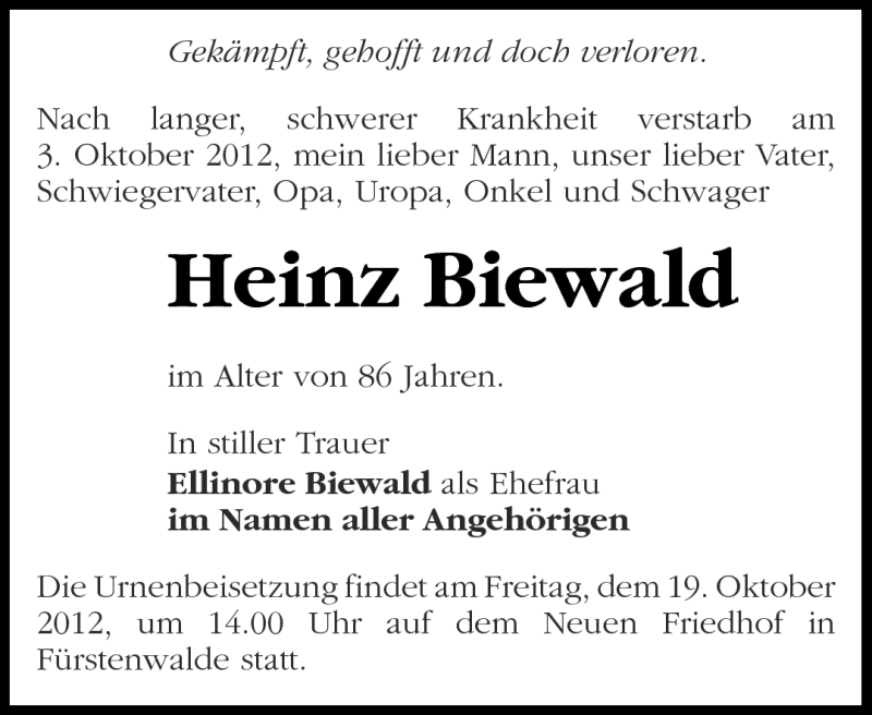  Traueranzeige für Heinz Biewald vom 13.10.2012 aus Märkische Oderzeitung