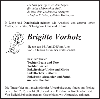 Traueranzeige von Brigitte Vorholz von Märkische Oderzeitung