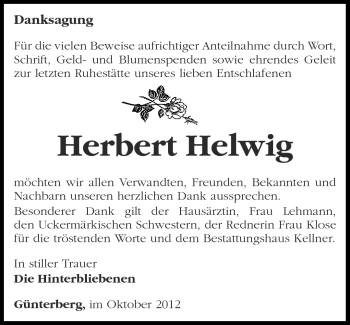 Traueranzeige von Herbert Helwig von Märkische Oderzeitung