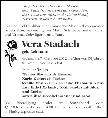 Traueranzeige von Vera Stadach von Märkische Oderzeitung