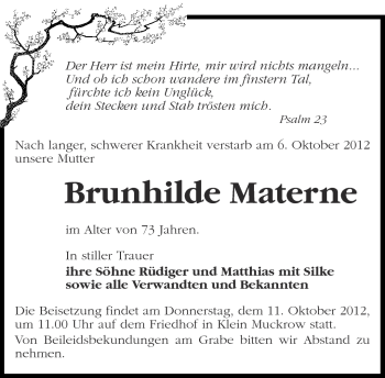 Traueranzeige von Brunhilde Materne von Märkische Oderzeitung