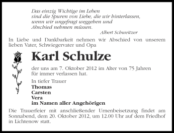 Traueranzeige von Karl Schulze von Märkische Oderzeitung